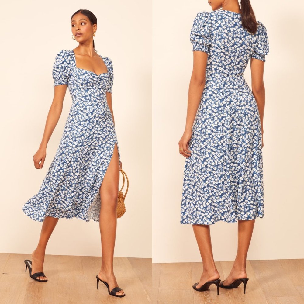 RARE Reformation Lacey Blue Floral Slit Midi Dress